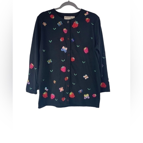 Michael Simon Tops - Michael Simon Lite Embroidered Beaded Strawberries Black Buttondown Top Size M